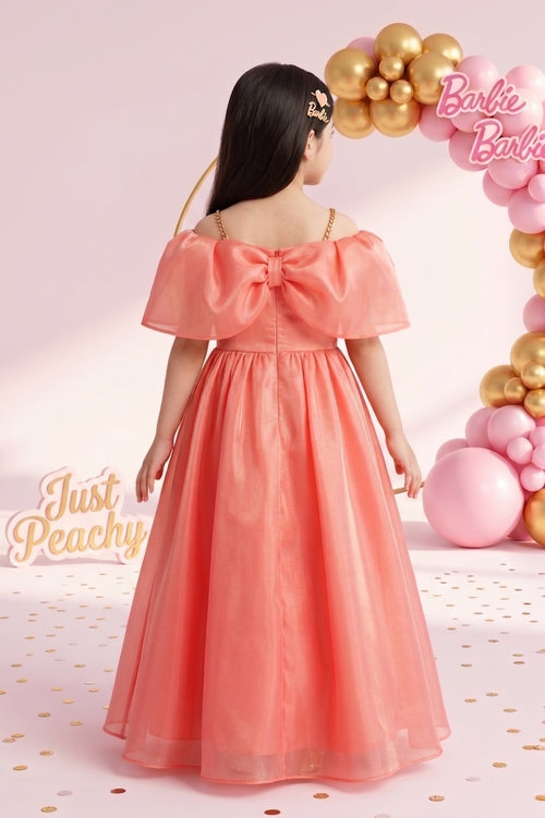 Barbie Girls Peach Bow Party Gown Off Shoulder Tulle BAG430