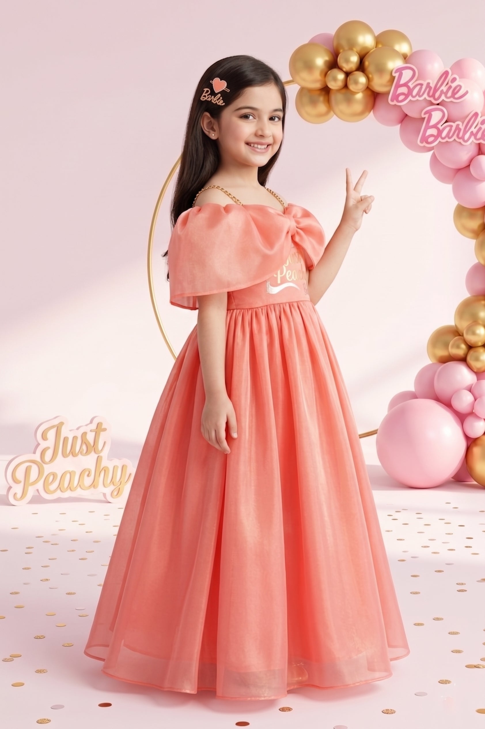 Barbie Girls Peach Bow Party Gown Off Shoulder Tulle BAG430