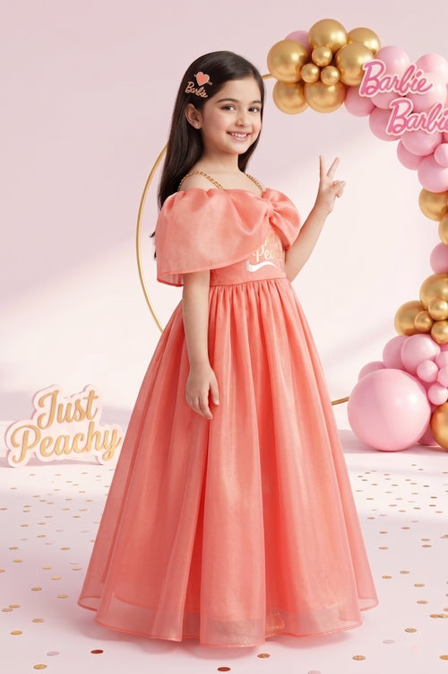 Barbie Girls Peach Bow Party Gown Off Shoulder Tulle BAG430