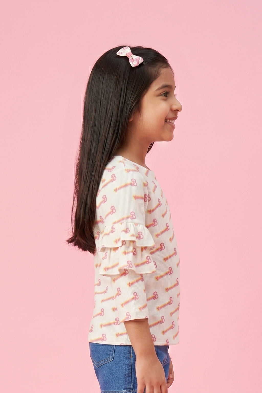 Barbie Off White Printed Ruffle Sleeve Top BAIM0005