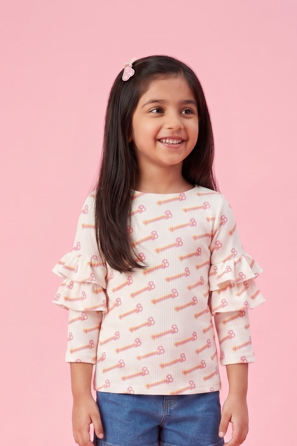 Barbie Off White Printed Ruffle Sleeve Top BAIM0005