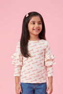 Barbie Off White Printed Ruffle Sleeve Top BAIM0005