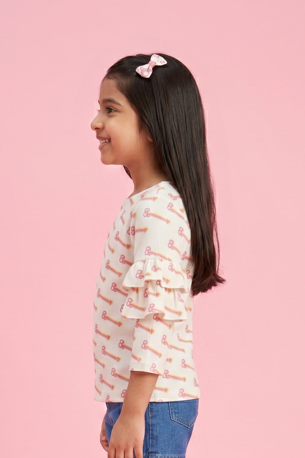 Barbie Off White Printed Ruffle Sleeve Top BAIM0005