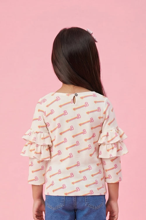Barbie Off White Printed Ruffle Sleeve Top BAIM0005