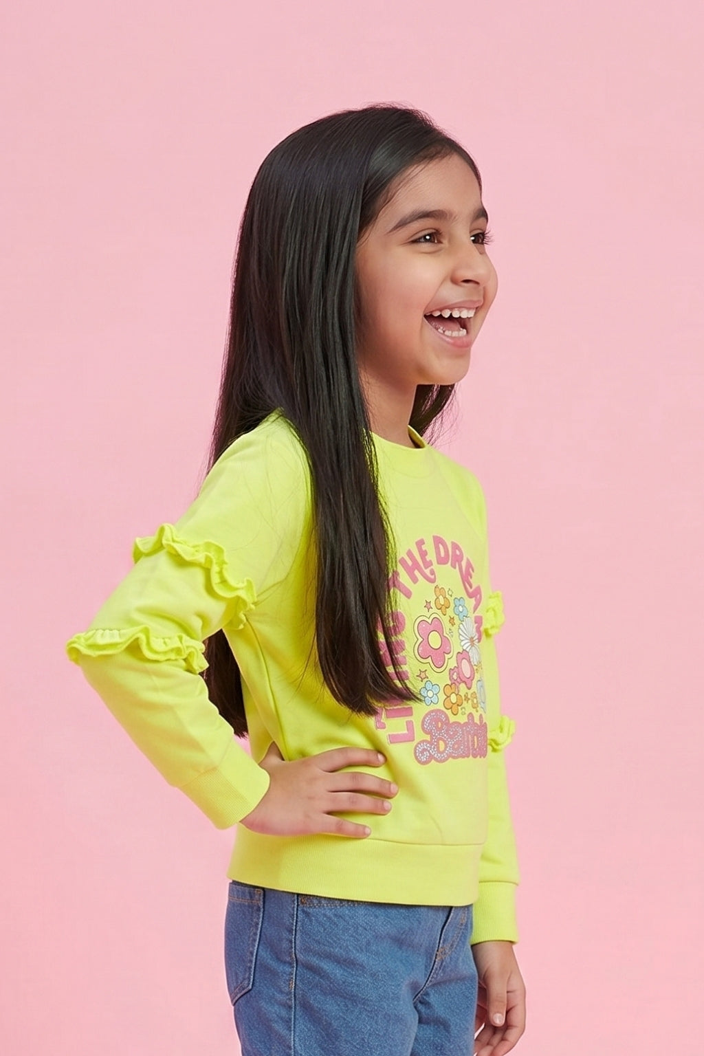 Barbie Yellow Graphic Ruffle Sleeve Sweatshirt BAITP0005