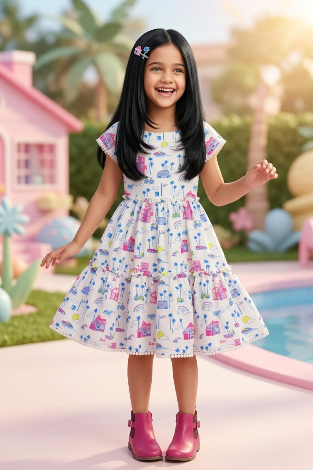 Barbie Printed Boat Neck Midi Dress BAM1190