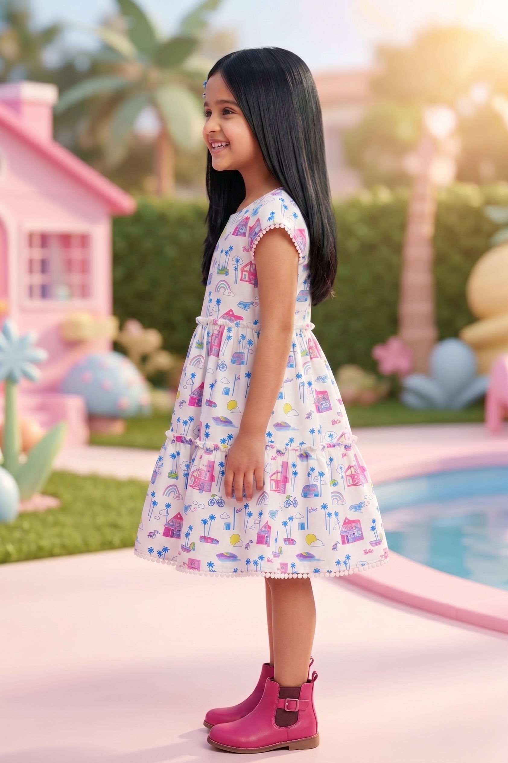 Barbie Printed Boat Neck Midi Dress BAM1190