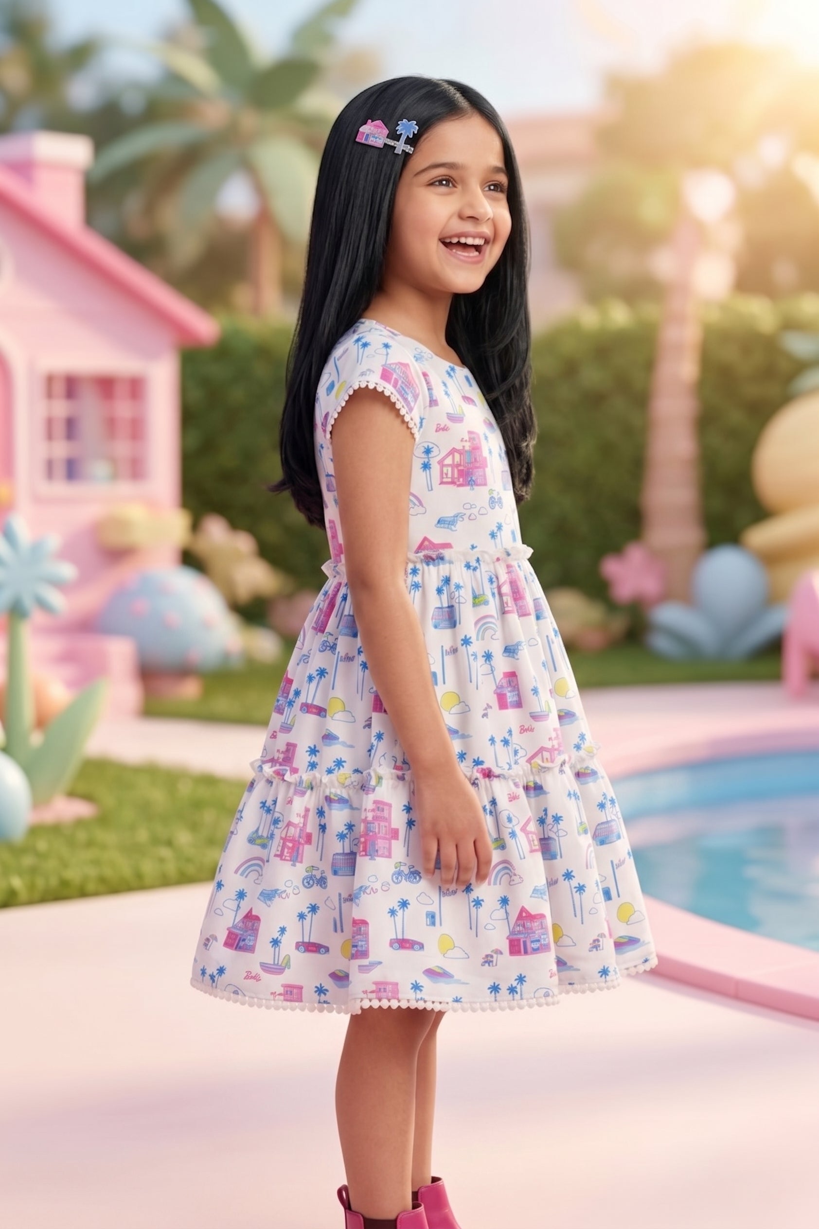 Barbie Printed Boat Neck Midi Dress BAM1190