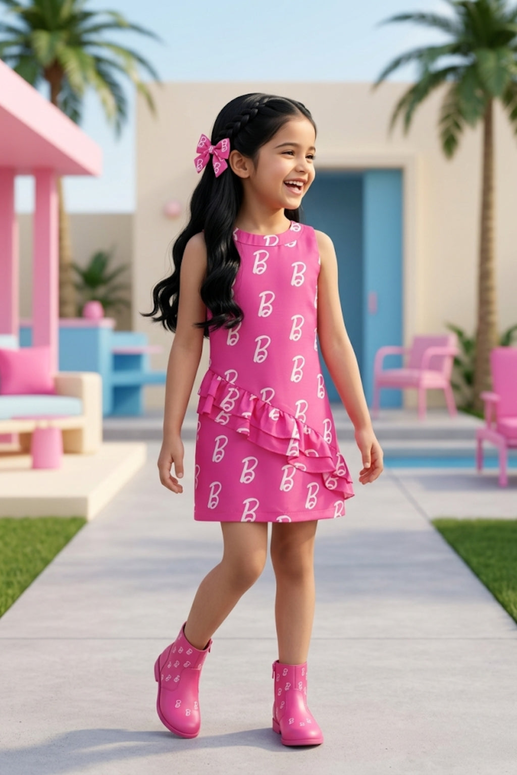 Barbie Pink Ruffle Hem Logo Print Dress BAM1192