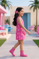 Barbie Pink Ruffle Hem Logo Print Dress BAM1192