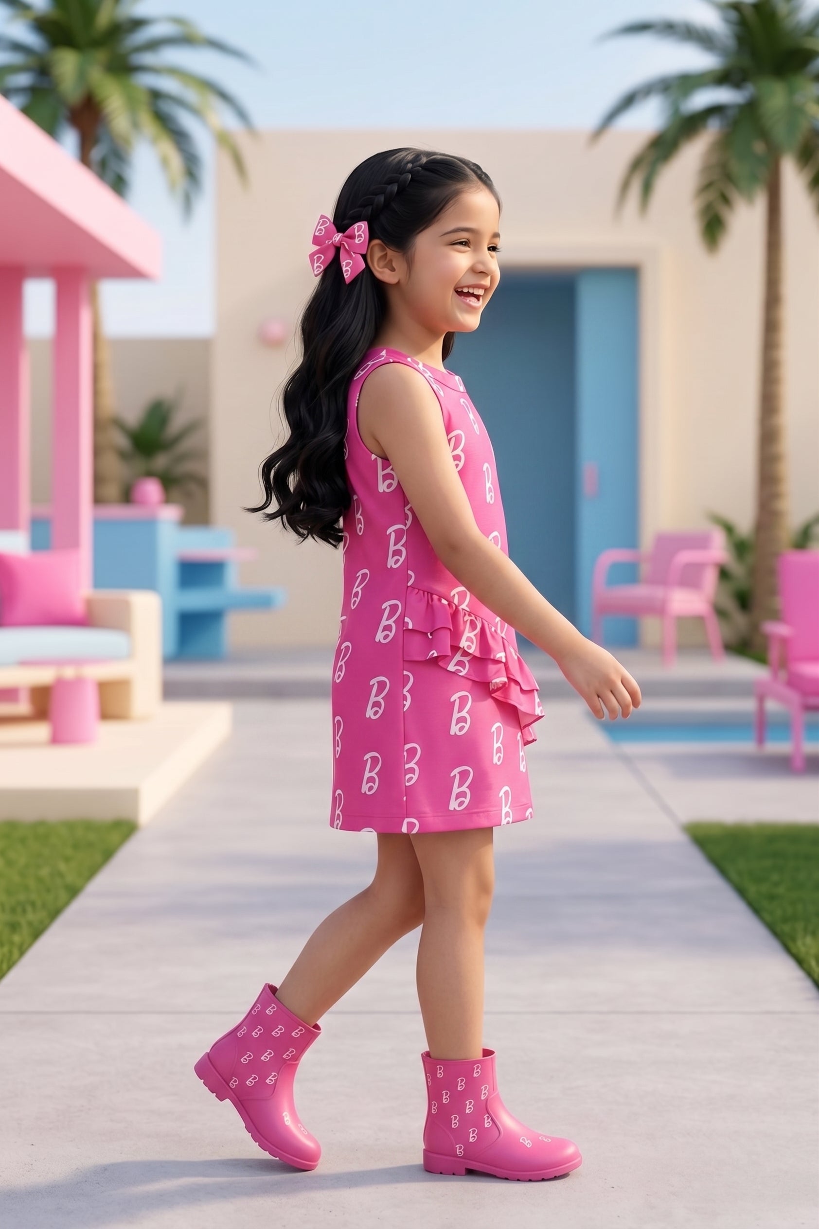 Barbie Pink Ruffle Hem Logo Print Dress BAM1192