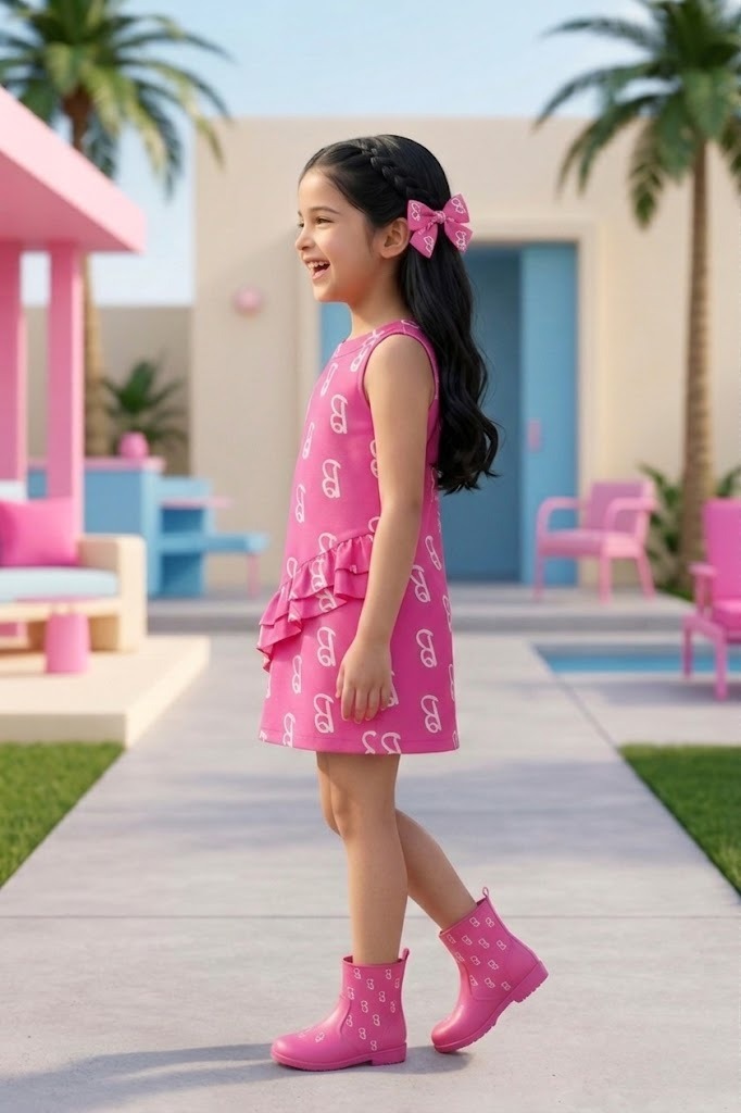 Barbie Pink Ruffle Hem Logo Print Dress BAM1192
