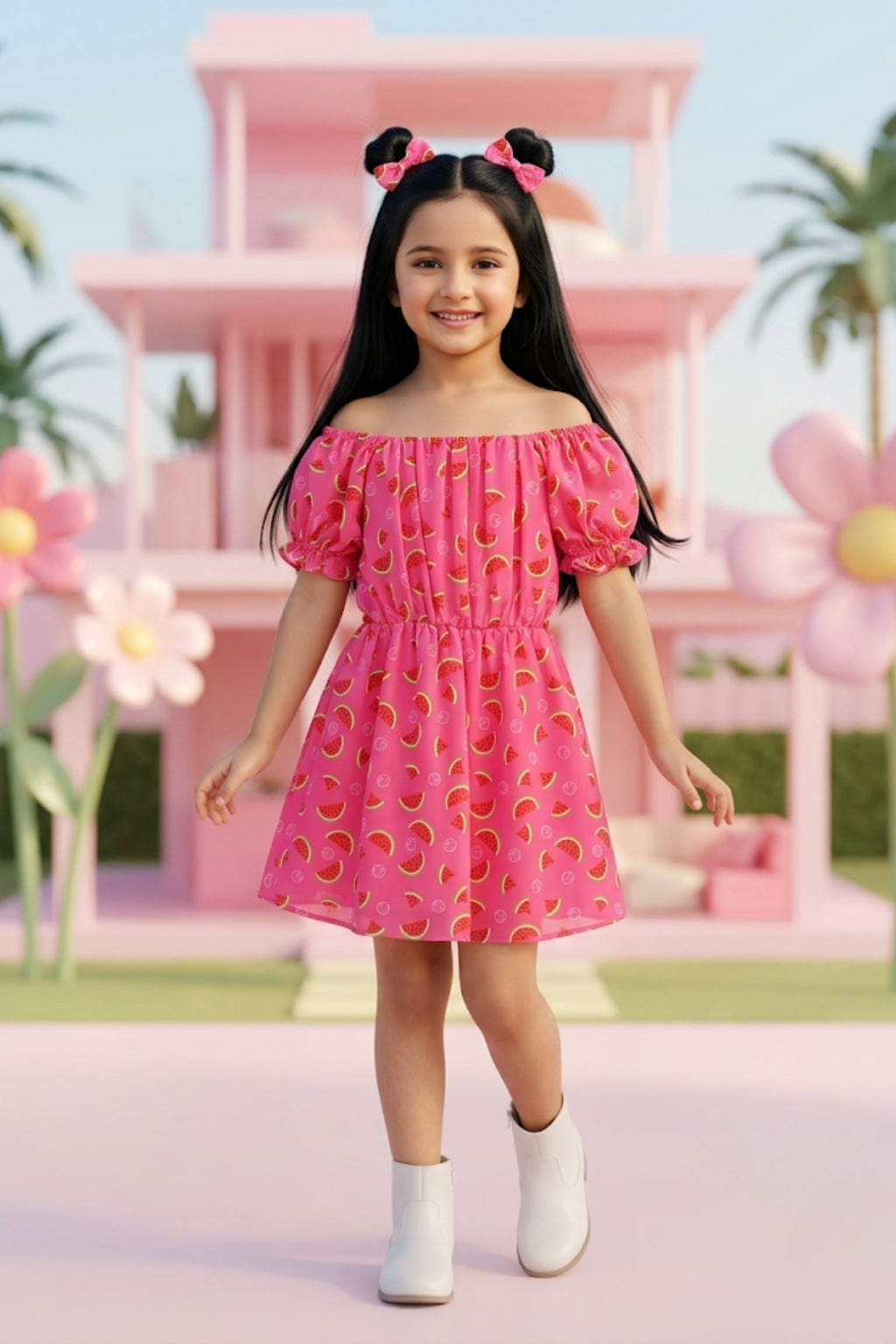 Barbie Pink Watermelon Print Puff Sleeve Dress BAM1198