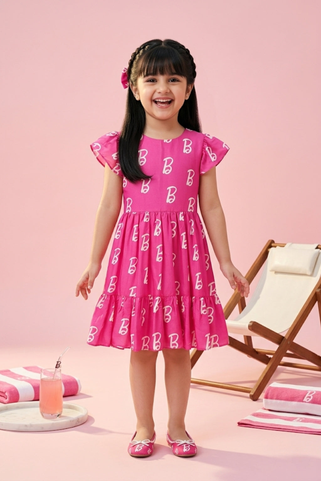 Barbie B Logo Printed Tiered Pink Party Dress BAM1199