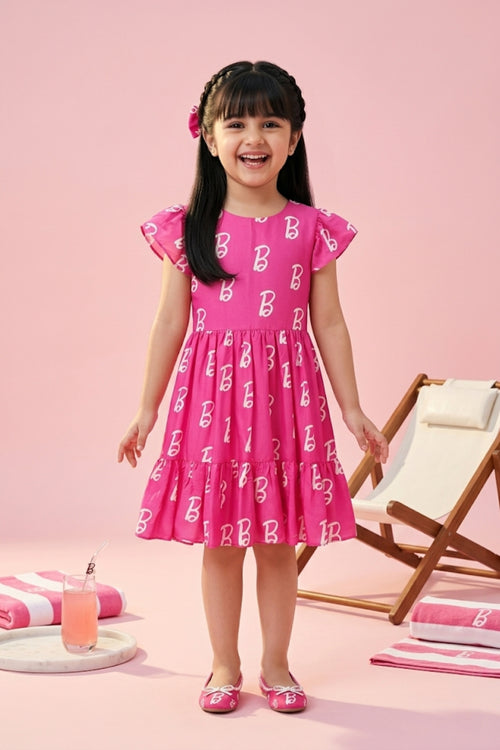 Barbie B Logo Printed Tiered Pink Party Dress BAM1199