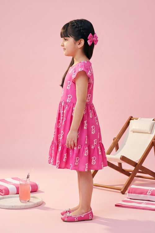 Barbie B Logo Printed Tiered Pink Party Dress BAM1199