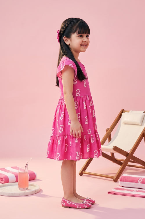 Barbie B Logo Printed Tiered Pink Party Dress BAM1199