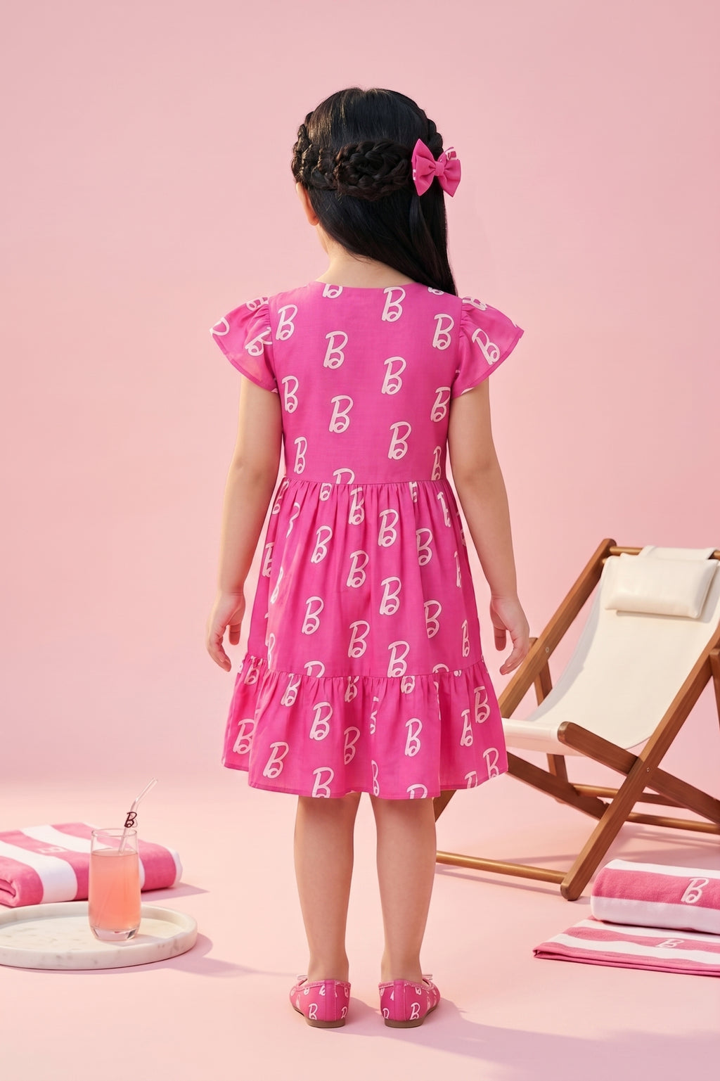 Barbie B Logo Printed Tiered Pink Party Dress BAM1199