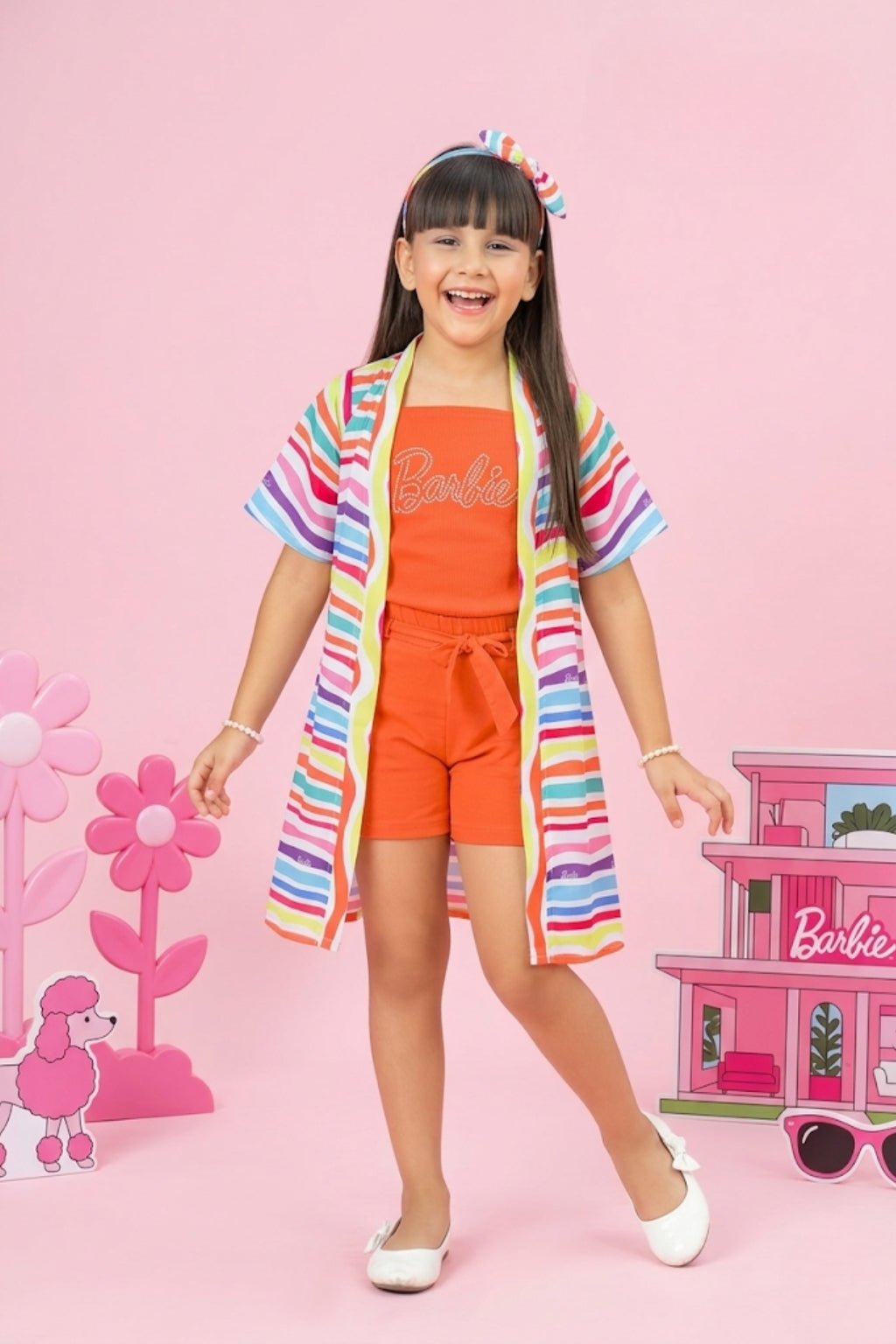 Orange Barbie Co-ord Set with Striped Shrug BASET321