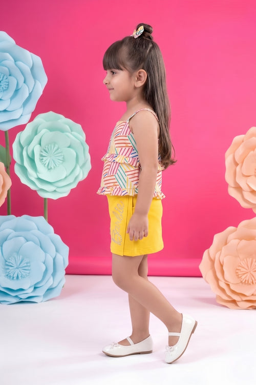 Yellow Skirt & Printed Ruffle Top Set BASET324