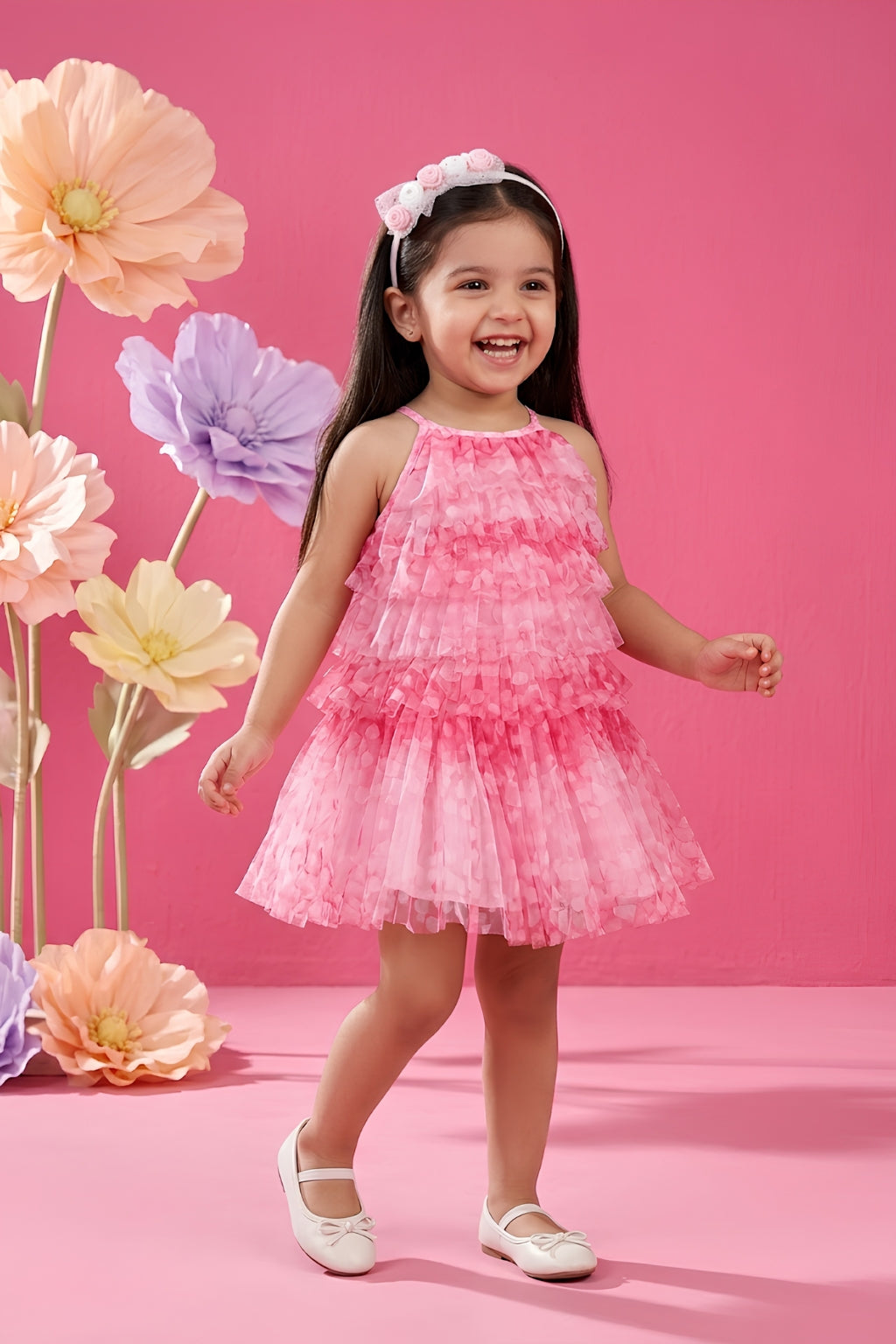 Pink Layered Polka Net Dress BASET328