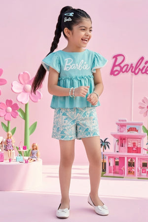 Aqua Peplum Top & Printed Shorts Set BASET387