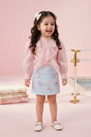 Barbie Peach Ruffle Organza Top with Blue Print Skirt BASET470