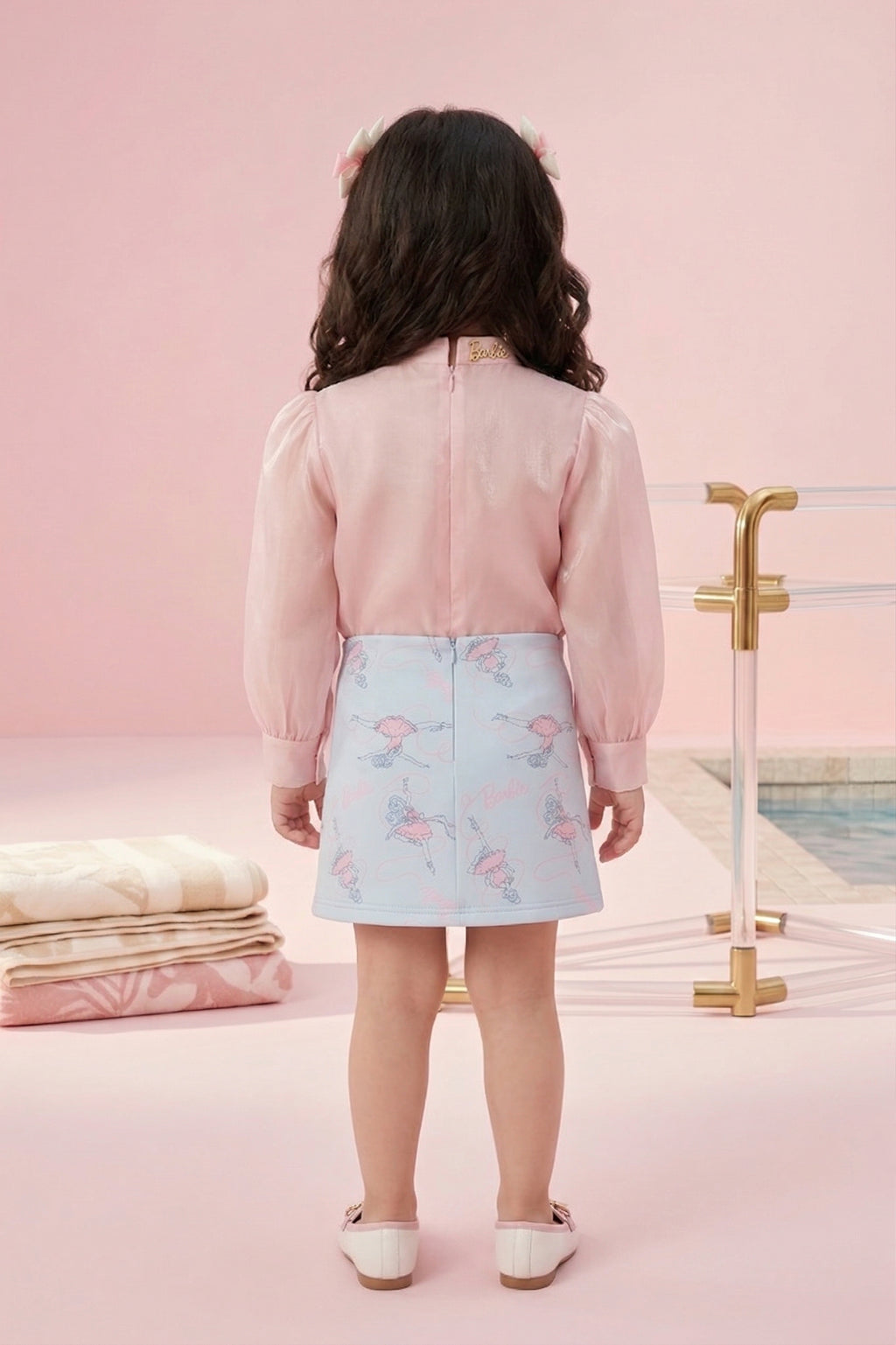 Barbie Peach Ruffle Organza Top with Blue Print Skirt BASET470