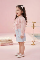 Barbie Peach Ruffle Organza Top with Blue Print Skirt BASET470
