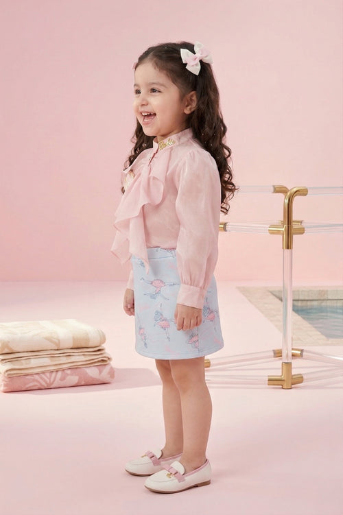 Barbie Peach Ruffle Organza Top with Blue Print Skirt BASET470