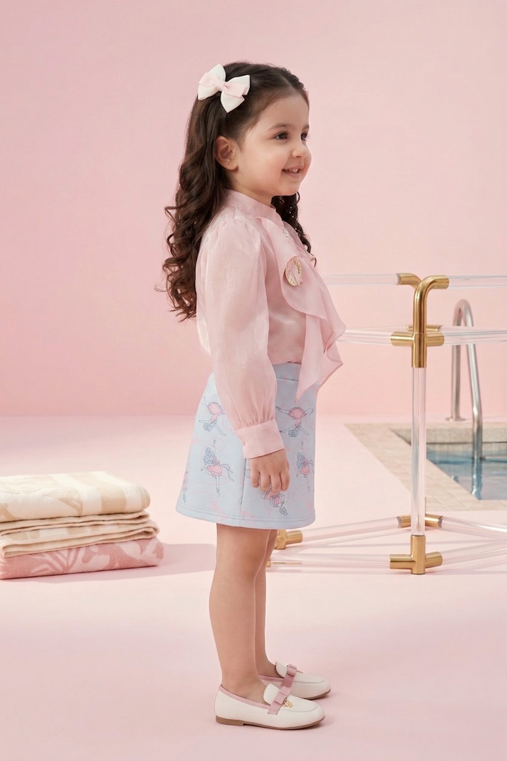 Barbie Peach Ruffle Organza Top with Blue Print Skirt BASET470