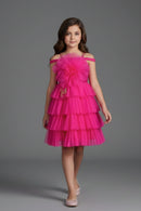 Barbie Pink Layered Ruffle Party Dress for Girls | Off-Shoulder Flower Design | Festive & Birthday Outfit