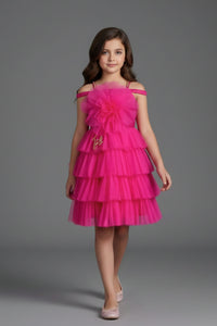 Barbie Pink Layered Ruffle Party Dress for Girls | Off-Shoulder Flower Design | Festive & Birthday Outfit