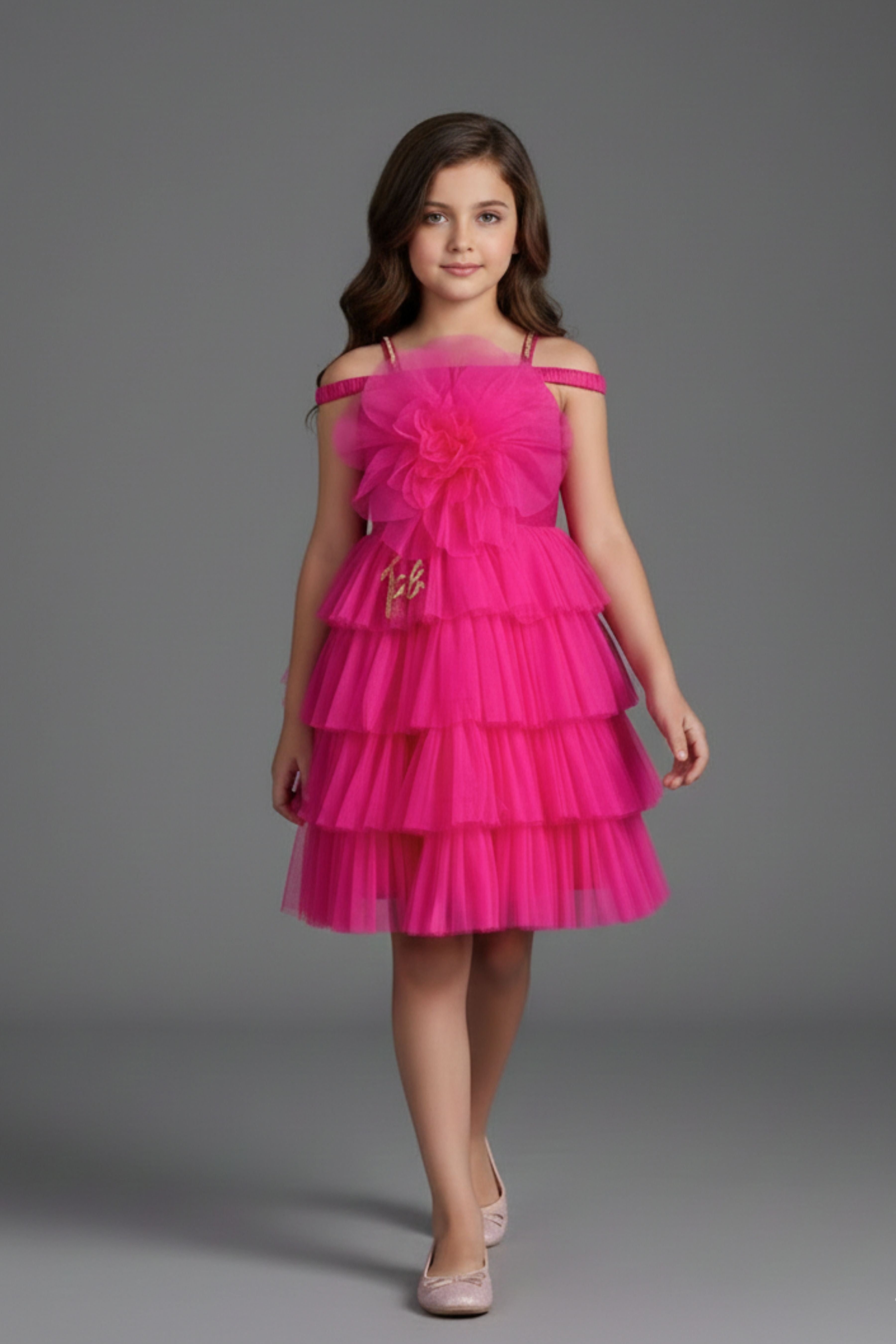 Barbie Pink Layered Ruffle Party Dress for Girls | Off-Shoulder Flower Design | Festive & Birthday Outfit