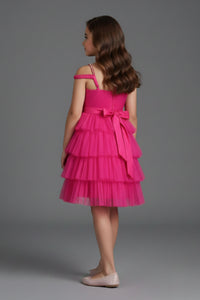 Barbie Pink Layered Ruffle Party Dress for Girls | Off-Shoulder Flower Design | Festive & Birthday Outfit