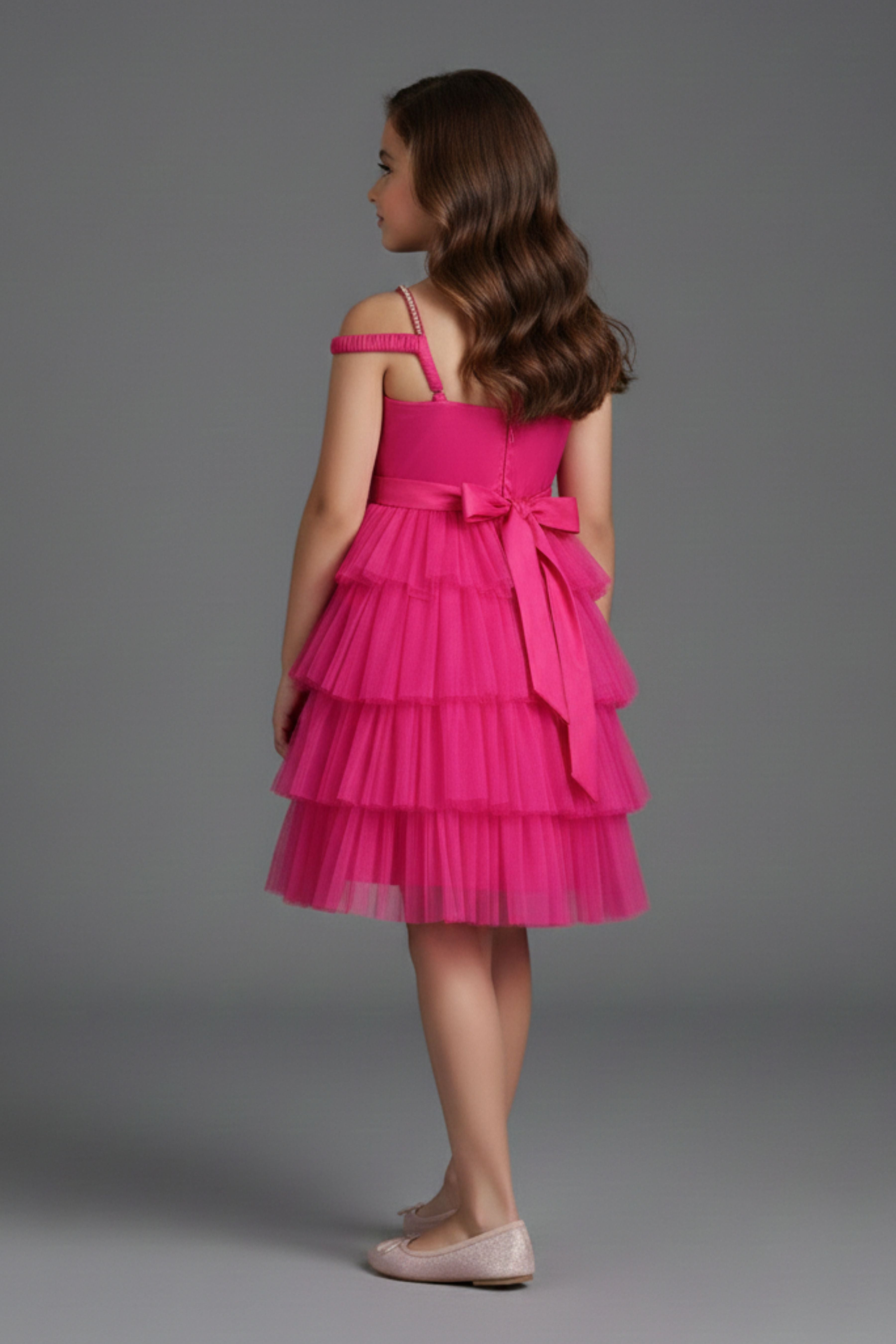 Barbie Pink Layered Ruffle Party Dress for Girls | Off-Shoulder Flower Design | Festive & Birthday Outfit