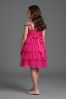 Barbie Pink Layered Ruffle Party Dress for Girls | Off-Shoulder Flower Design | Festive & Birthday Outfit