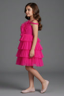 Barbie Pink Layered Ruffle Party Dress for Girls | Off-Shoulder Flower Design | Festive & Birthday Outfit