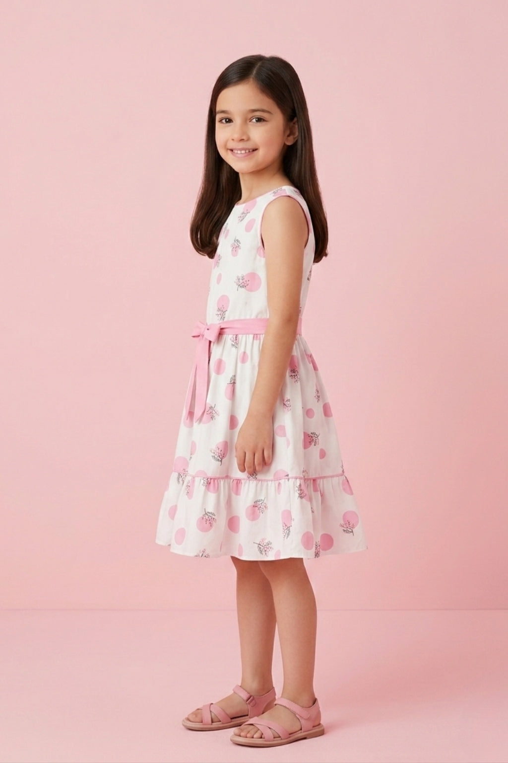 Classic White & Pink Flower Belt Dress F552