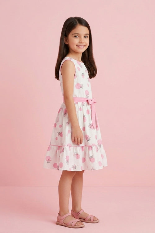 Classic White & Pink Flower Belt Dress F552
