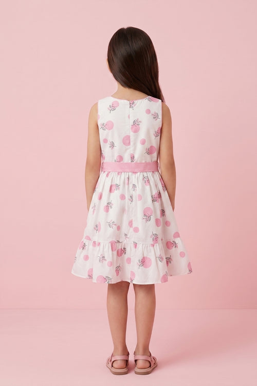 White & Pink Flower Belt Dress F552