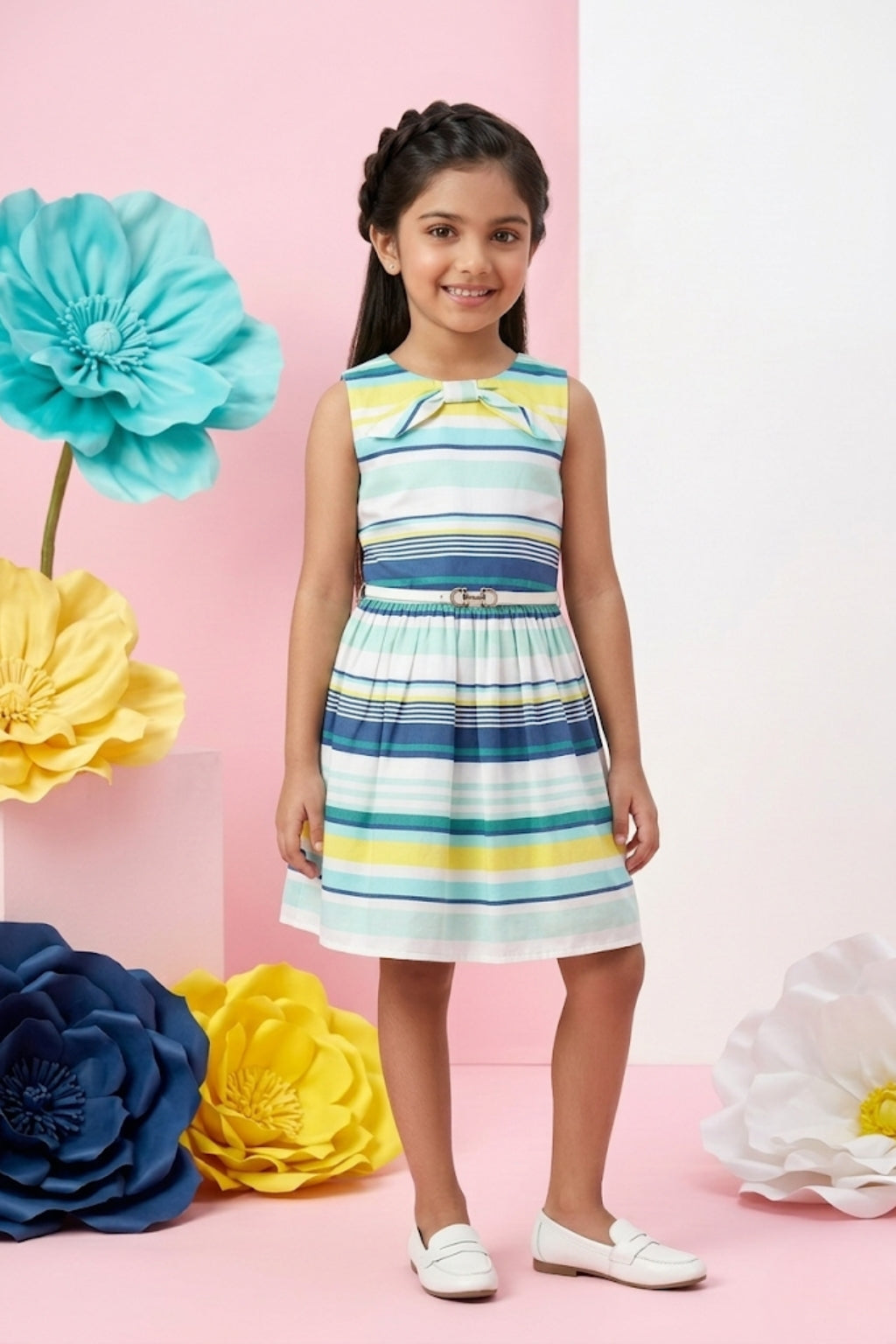 Aqua & Yellow Striped Bow Dress F553