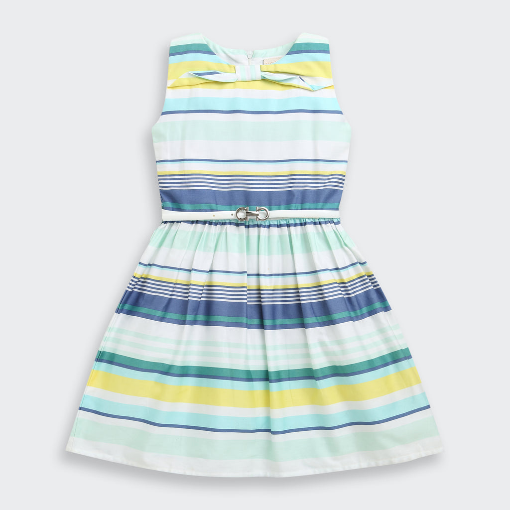 Aqua & Yellow Striped Bow Dress F553