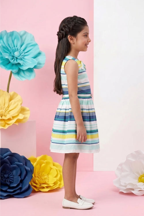Aqua & Yellow Striped Bow Dress F553