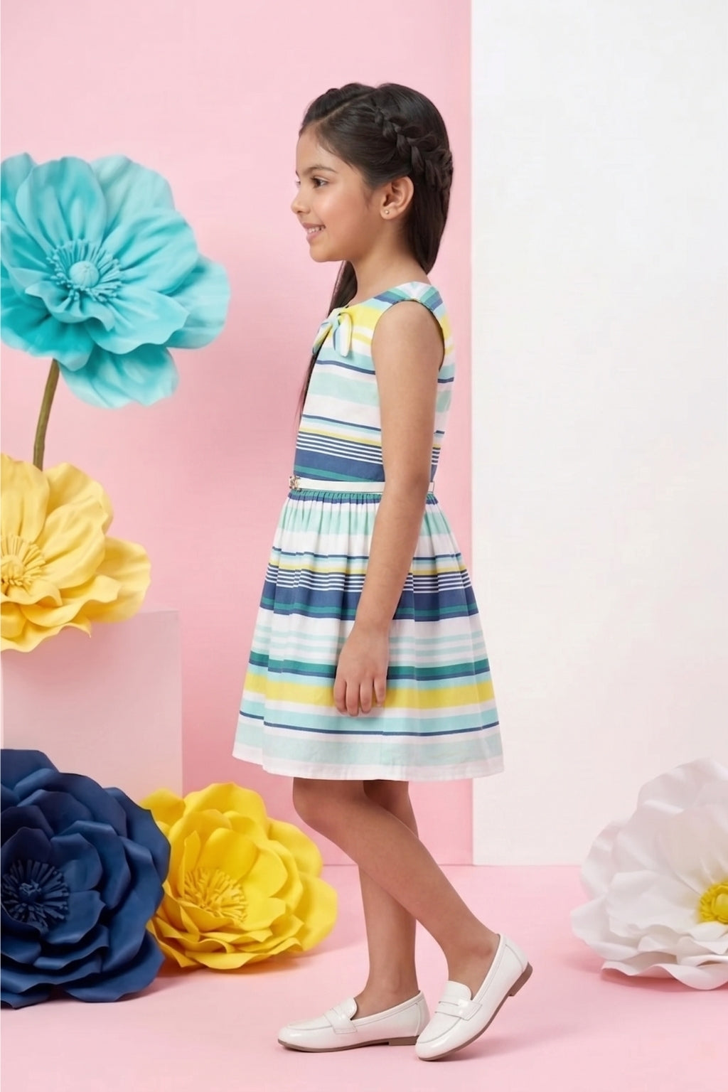 Aqua & Yellow Striped Bow Dress F553