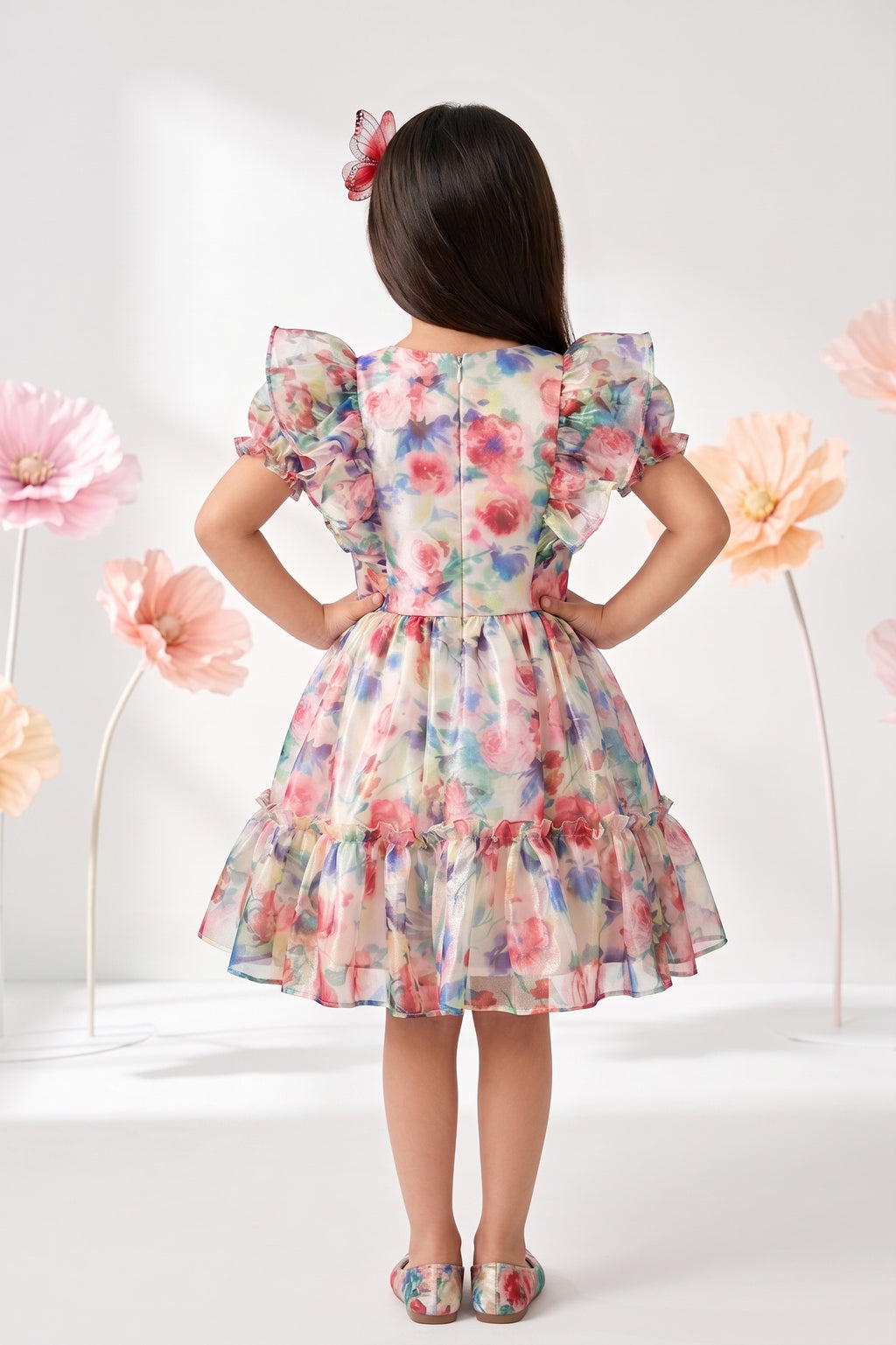 Vibrant White Floral Ruffle Sleeve Dress F572