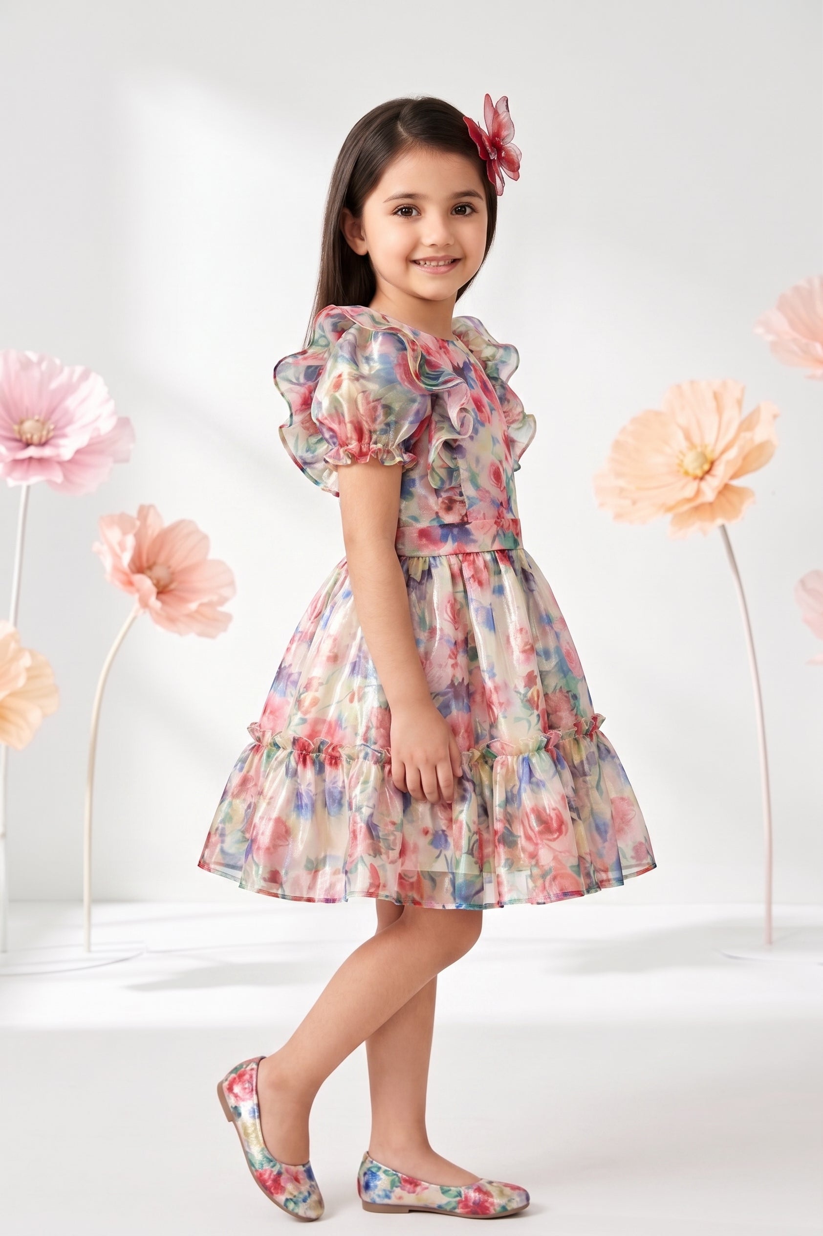 White Floral Ruffle Sleeve Dress F572