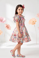 Vibrant White Floral Ruffle Sleeve Dress F572