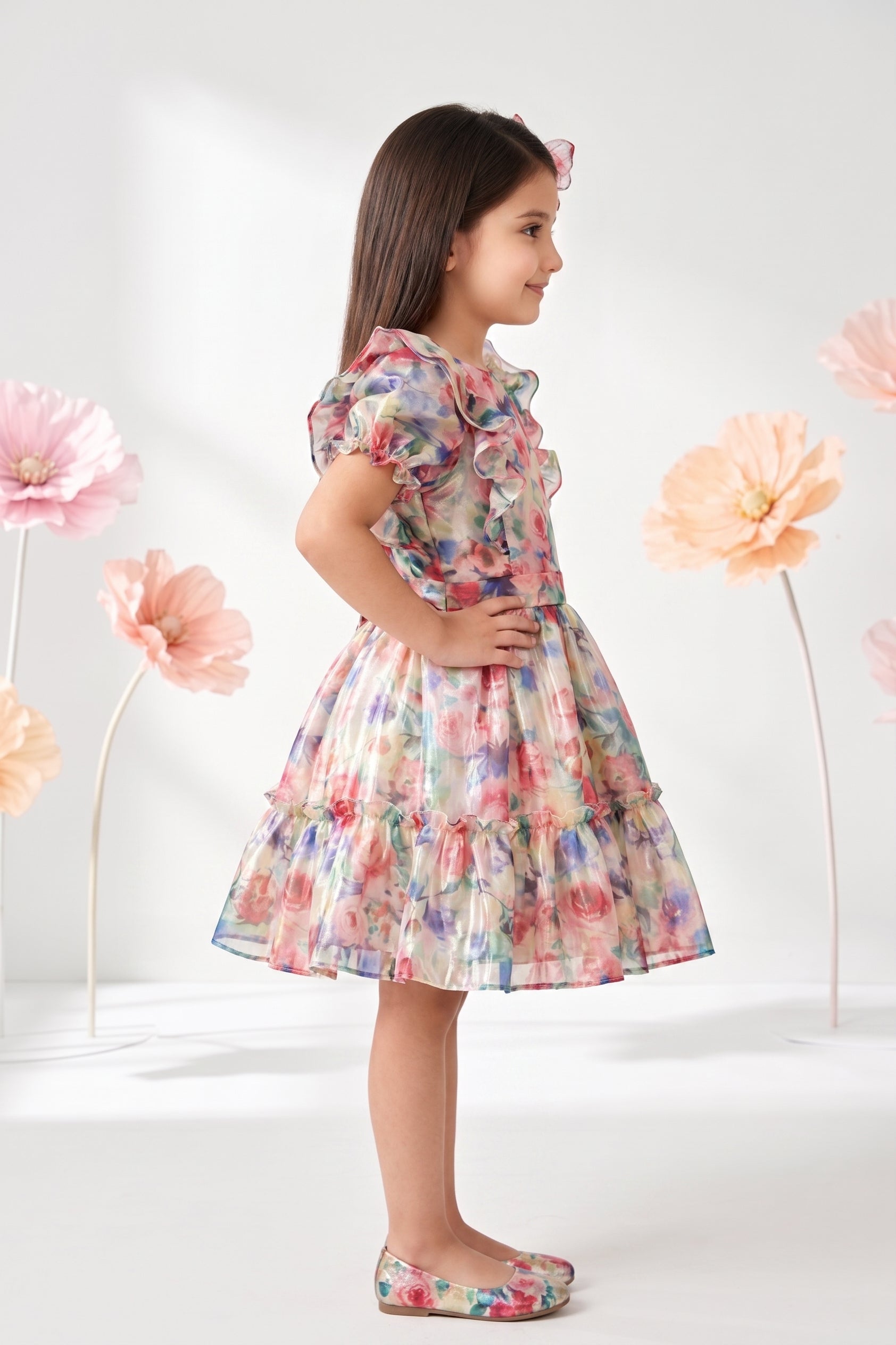 Vibrant White Floral Ruffle Sleeve Dress F572
