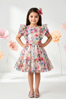 Vibrant White Floral Ruffle Sleeve Dress F572